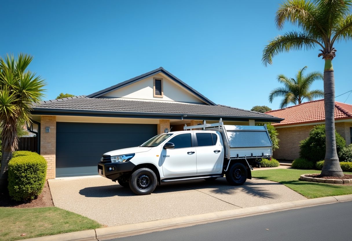 Technician ute in a driveway with a new garage door — Toowong